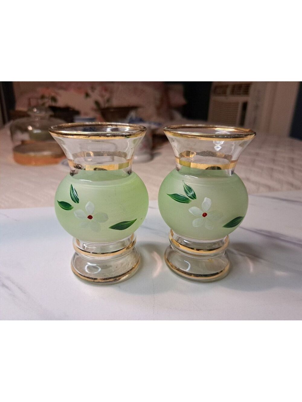 Vintage Set of 2 Bartlett Collins Hand-Painted Frosted Bud Vases w/ Gold Trim 4"